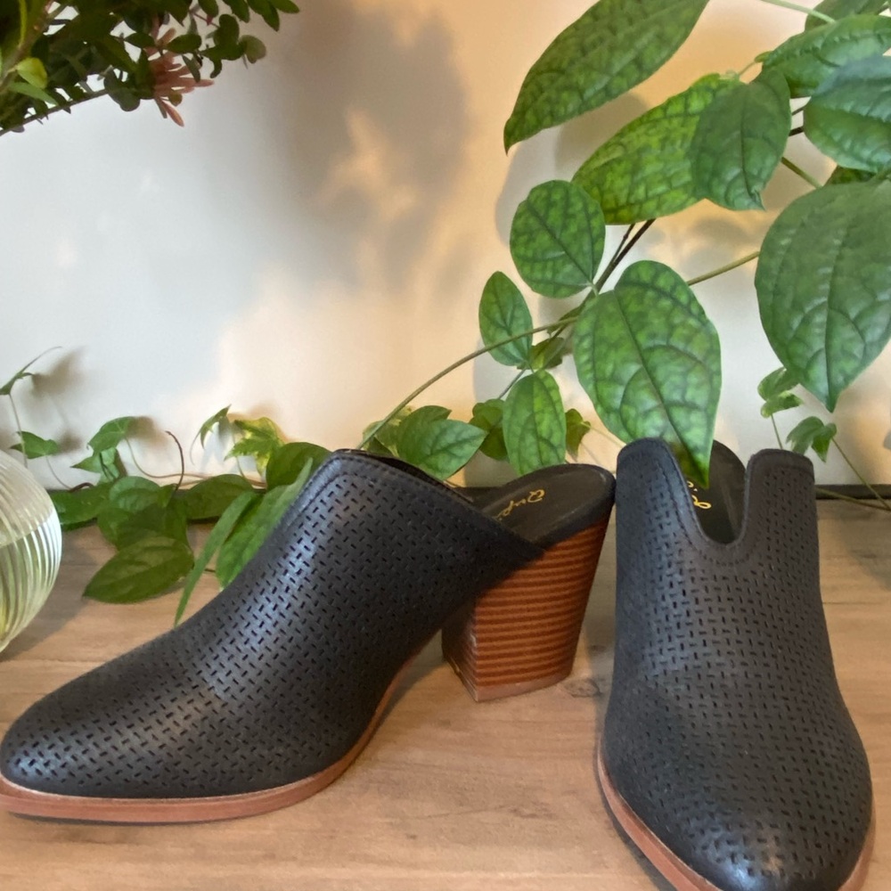 Qupid Black Perforated Leather-Look Mules with Brown Block Heel